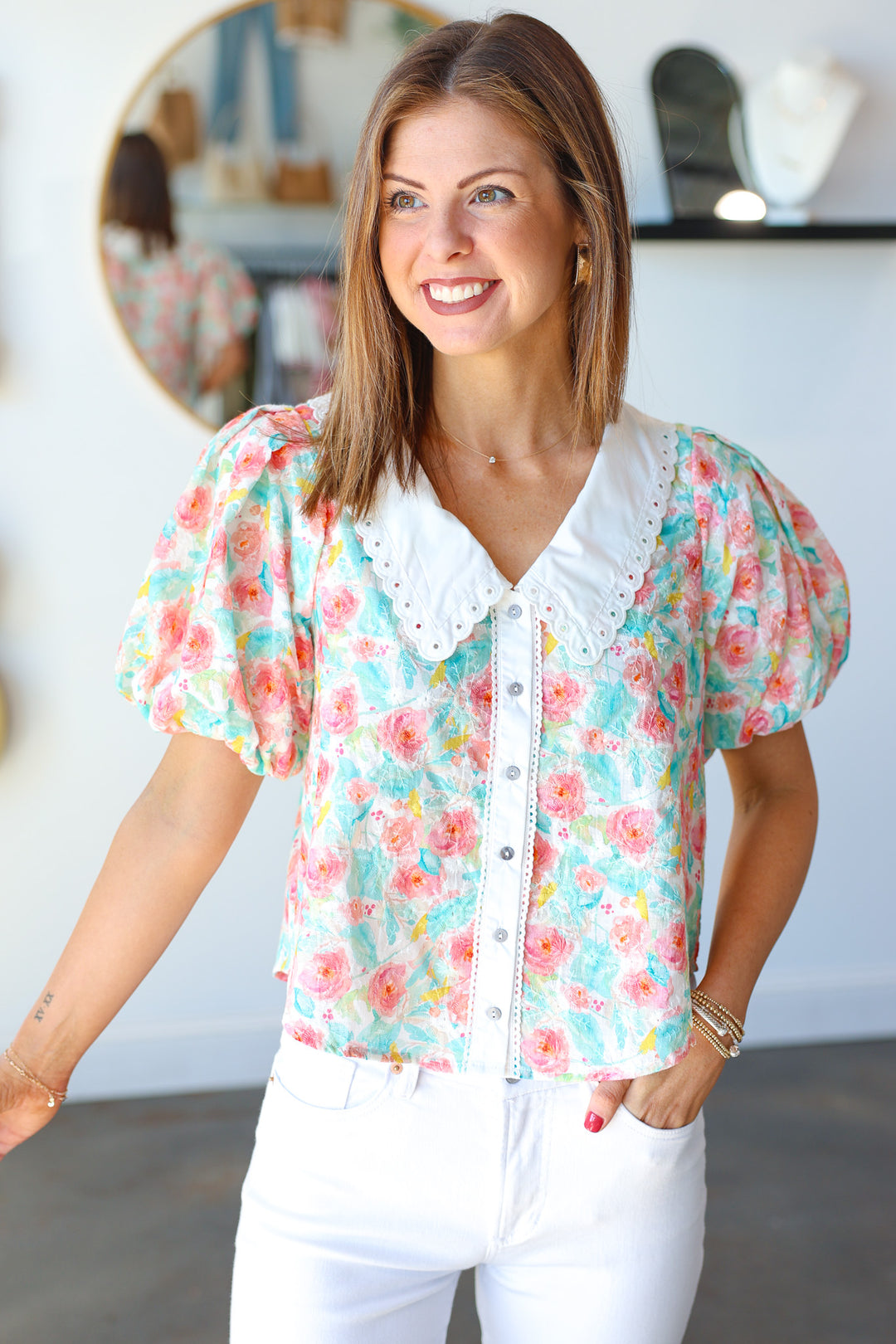 White Trim Floral Top - Multi