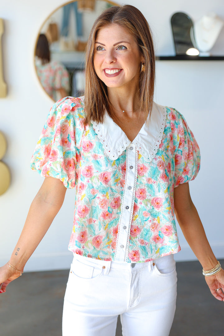 White Trim Floral Top - Multi