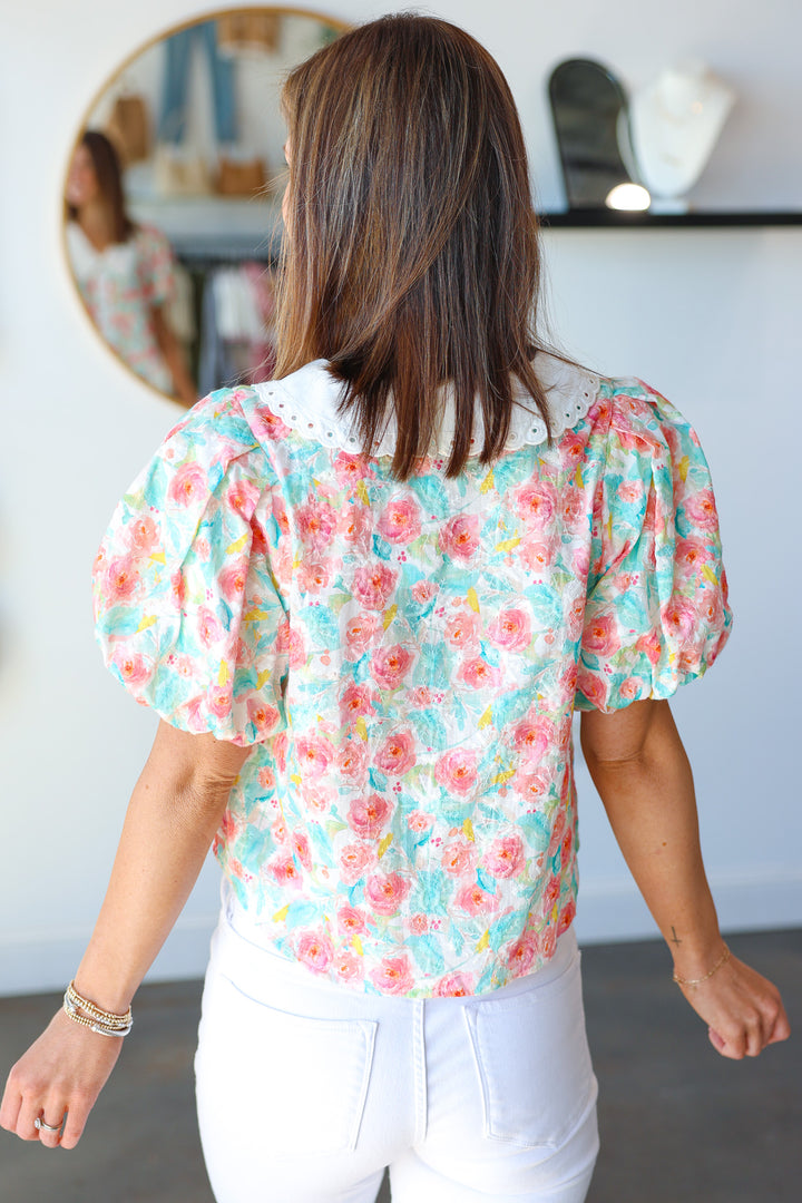 White Trim Floral Top - Multi