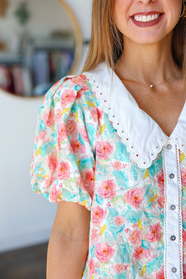 White Trim Floral Top - Multi