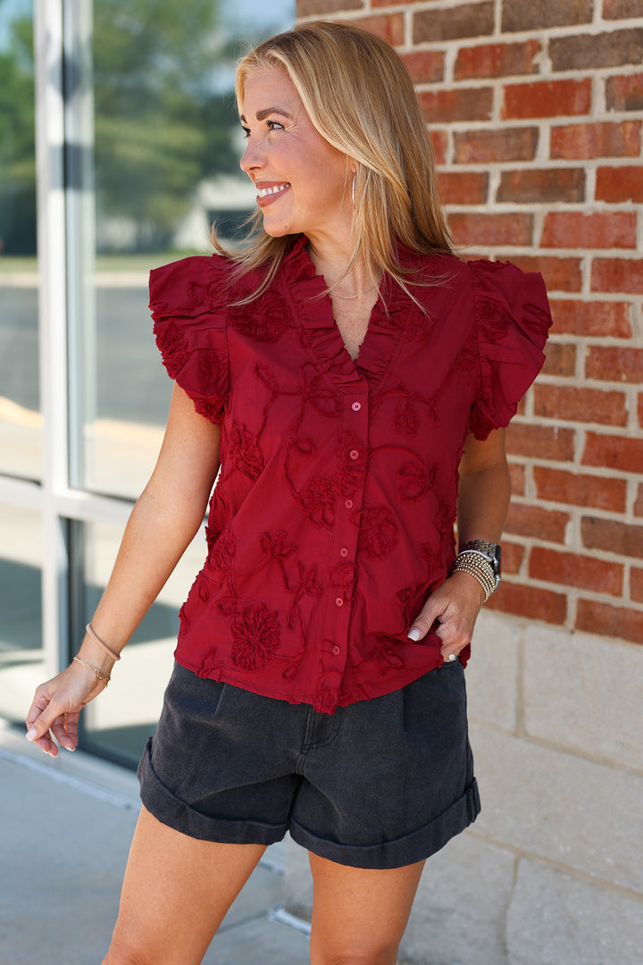 Embroidered V Neck Top - Red