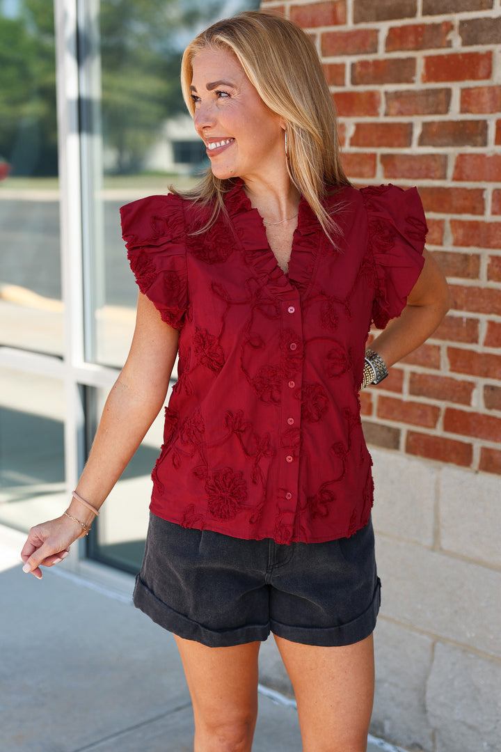 Embroidered V Neck Top - Red