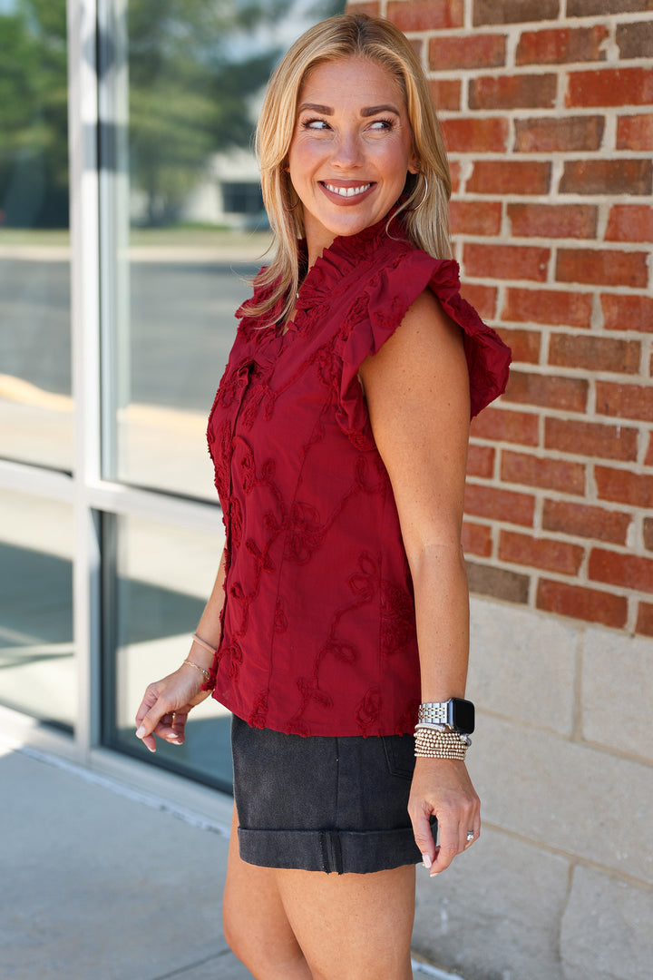 Embroidered V Neck Top - Red