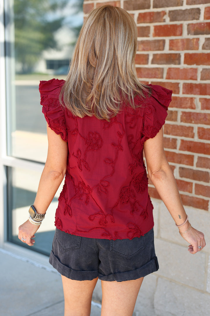 Embroidered V Neck Top - Red