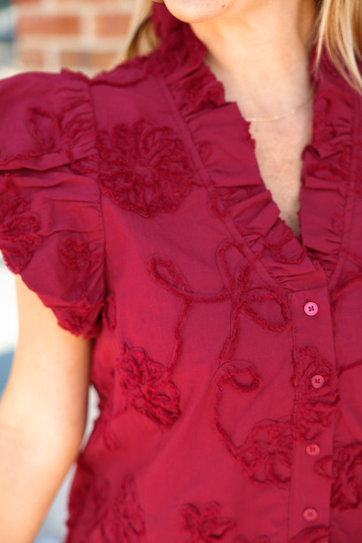 Embroidered V Neck Top - Red