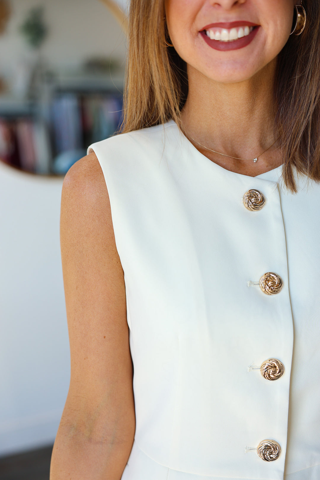 Button Front Peplum Vest - Cream