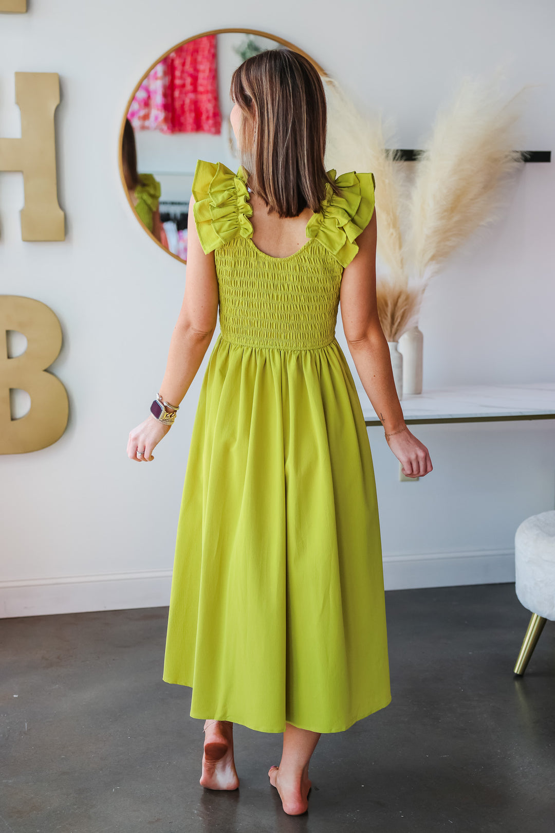 Ruffle Shoulder Dress - Chartreuse