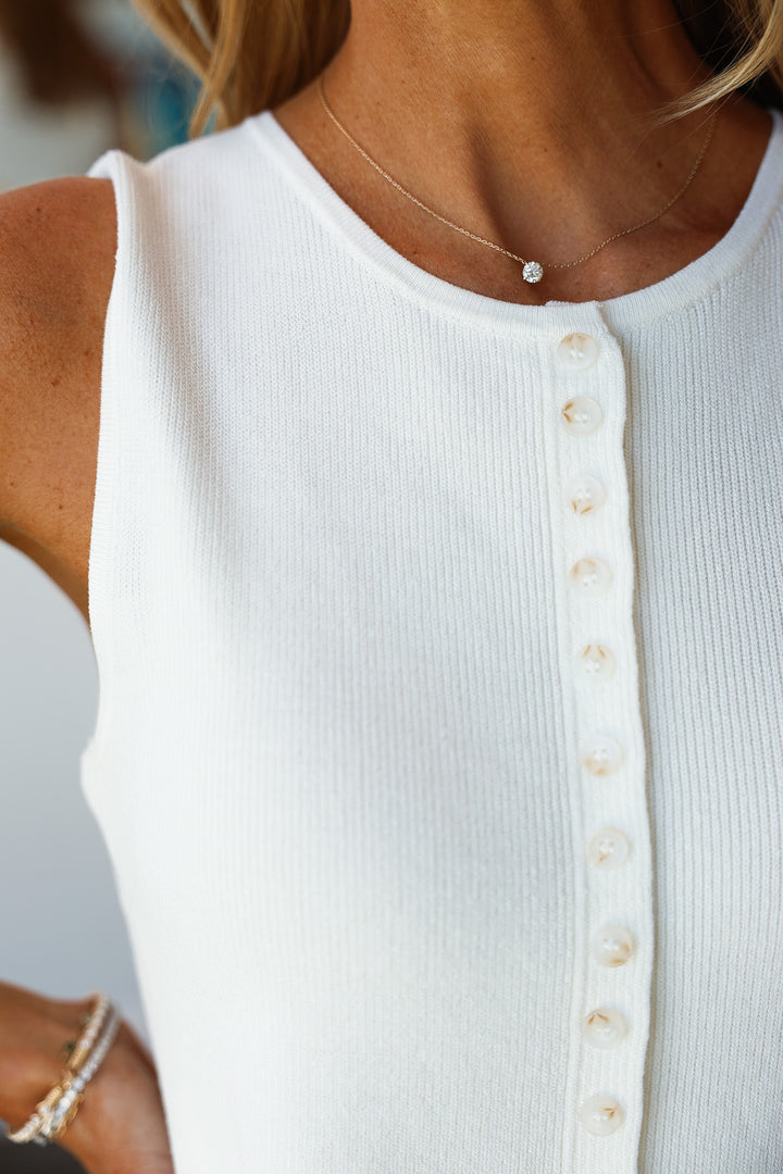 Peplum Button Front Knit Tank - Off White