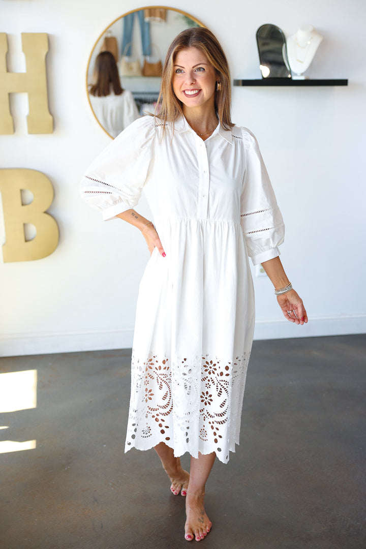 Eyelet Trim Midi Dress - White