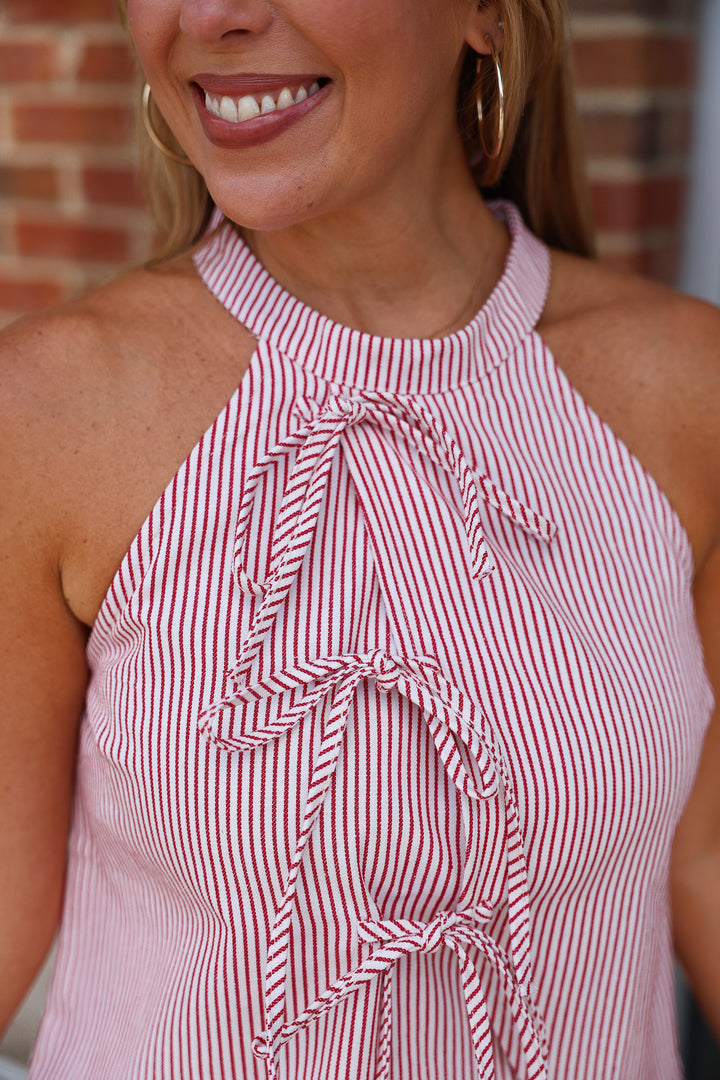 Front Tie Striped Top - Red