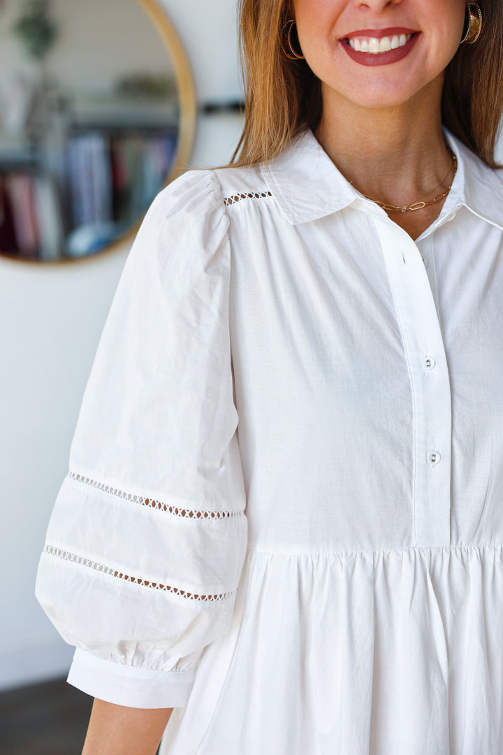 Eyelet Trim Midi Dress - White