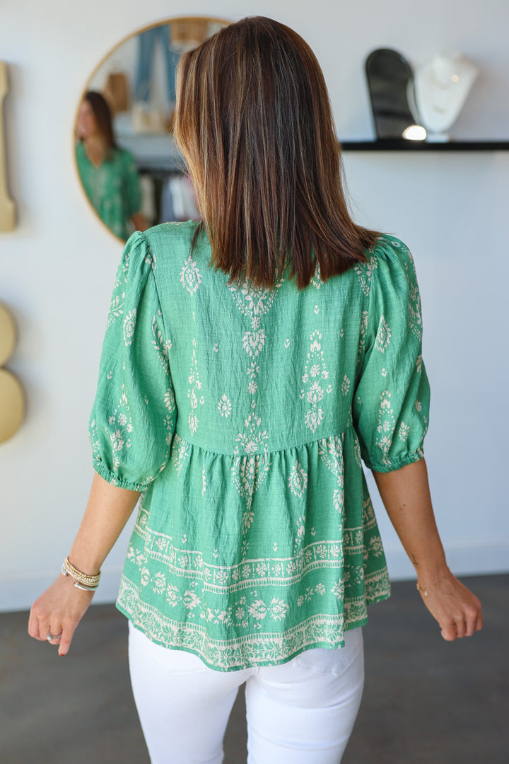 Printed Button Front Top - Green