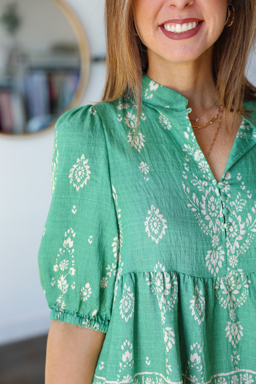 Printed Button Front Top - Green