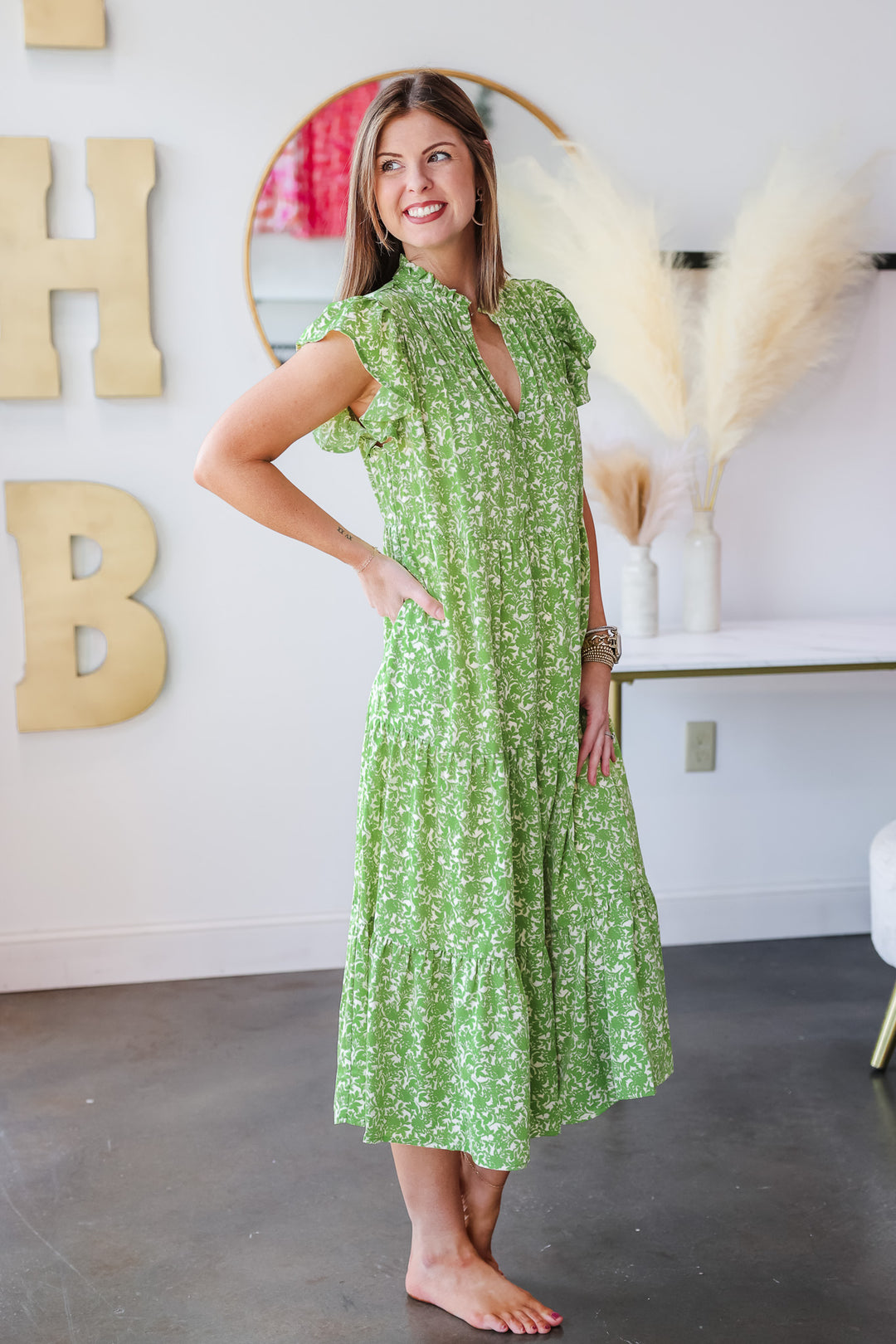 Printed Tiered Dress - Green