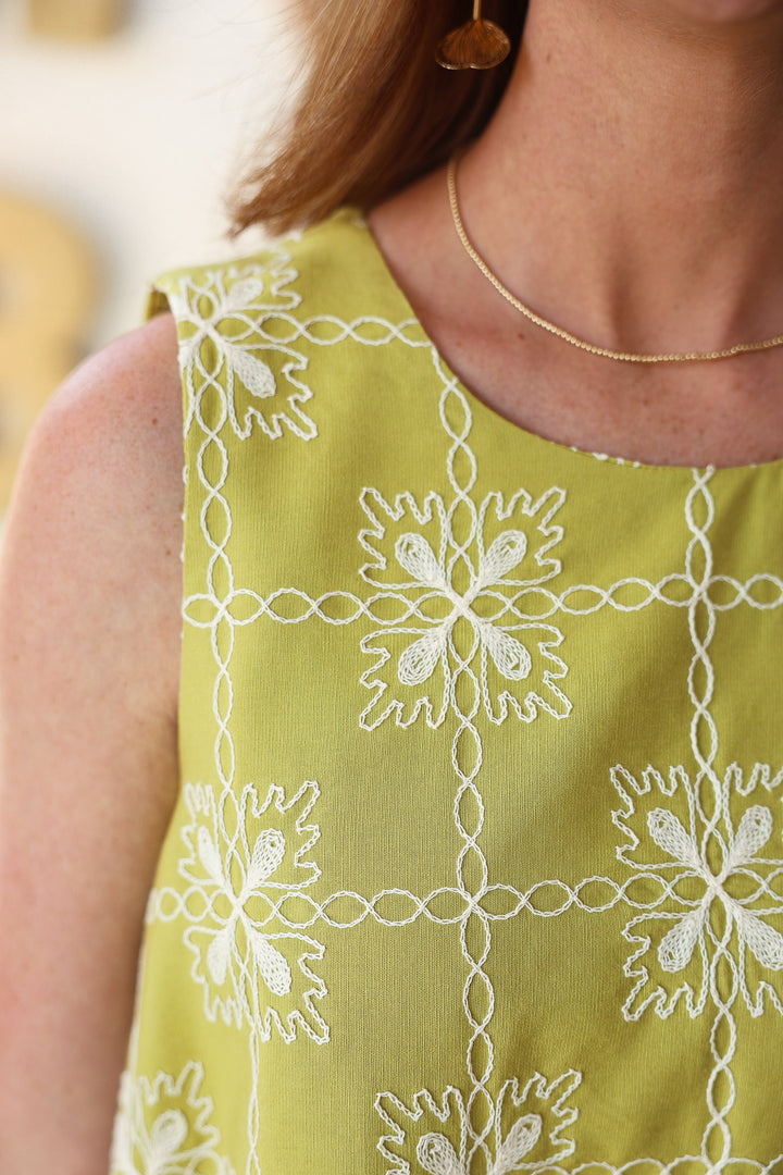 Embroidered Pattern Tank - Avocado