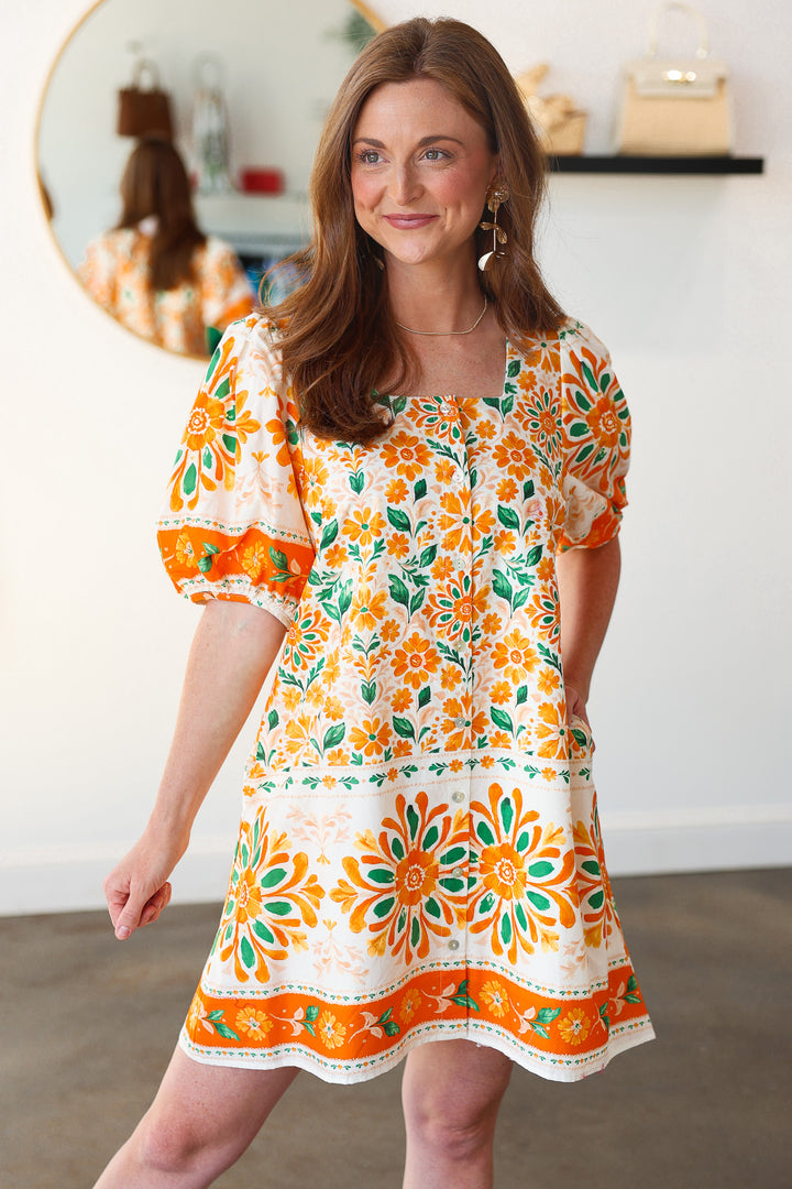 Floral Scoop Neck Dress - Orange Cream