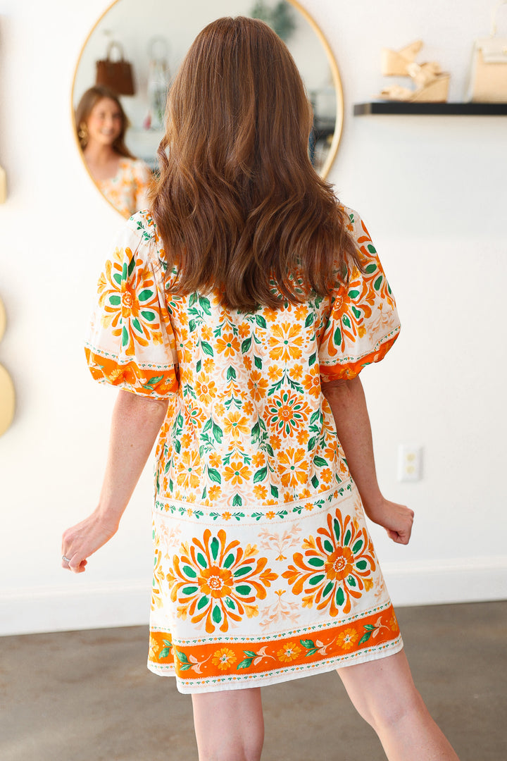 Floral Scoop Neck Dress - Orange Cream