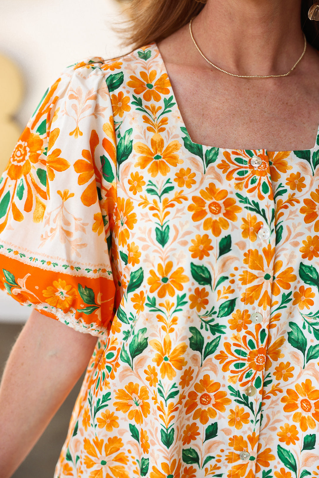 Floral Scoop Neck Dress - Orange Cream