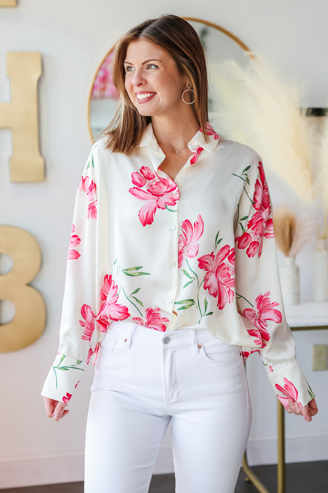 Floral Print Button Down Blouse - White