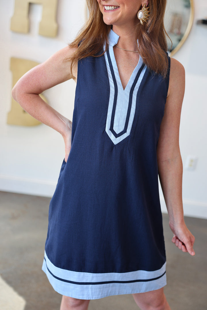 Contrast Trim Shift Dress - Navy