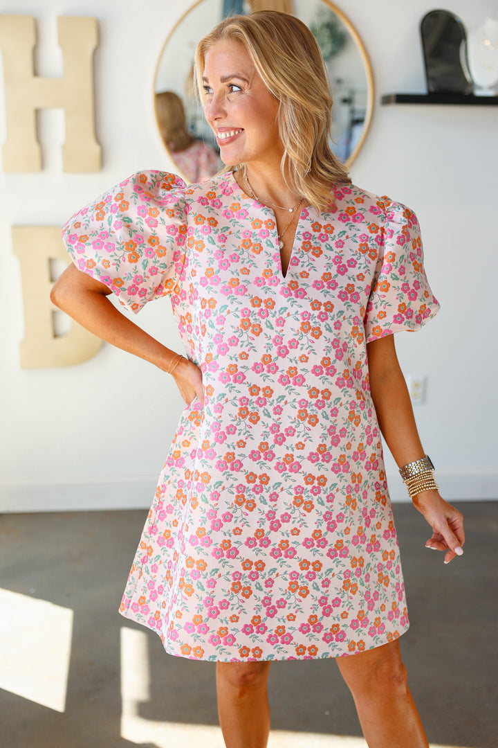 Floral Embroidered Puff Sleeve Dress - Pink
