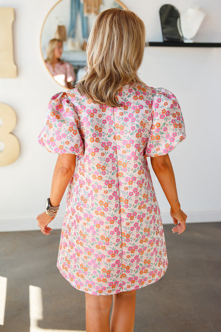 Floral Embroidered Puff Sleeve Dress - Pink