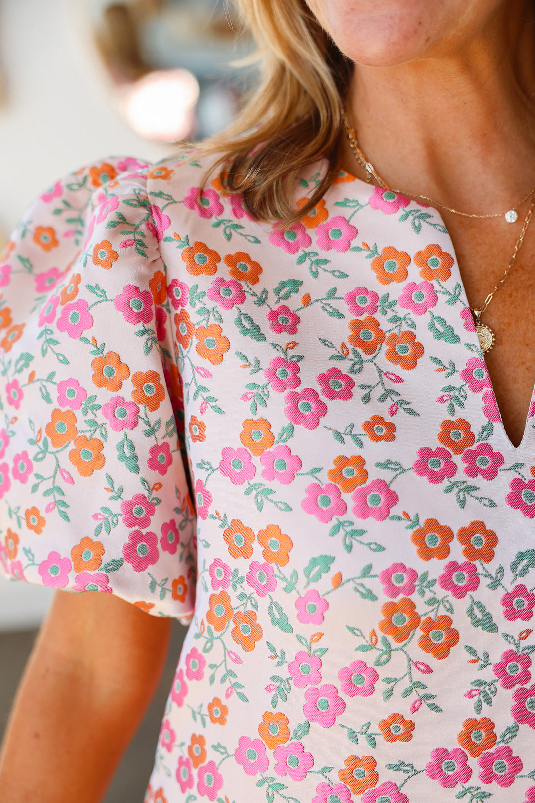 Floral Embroidered Puff Sleeve Dress - Pink