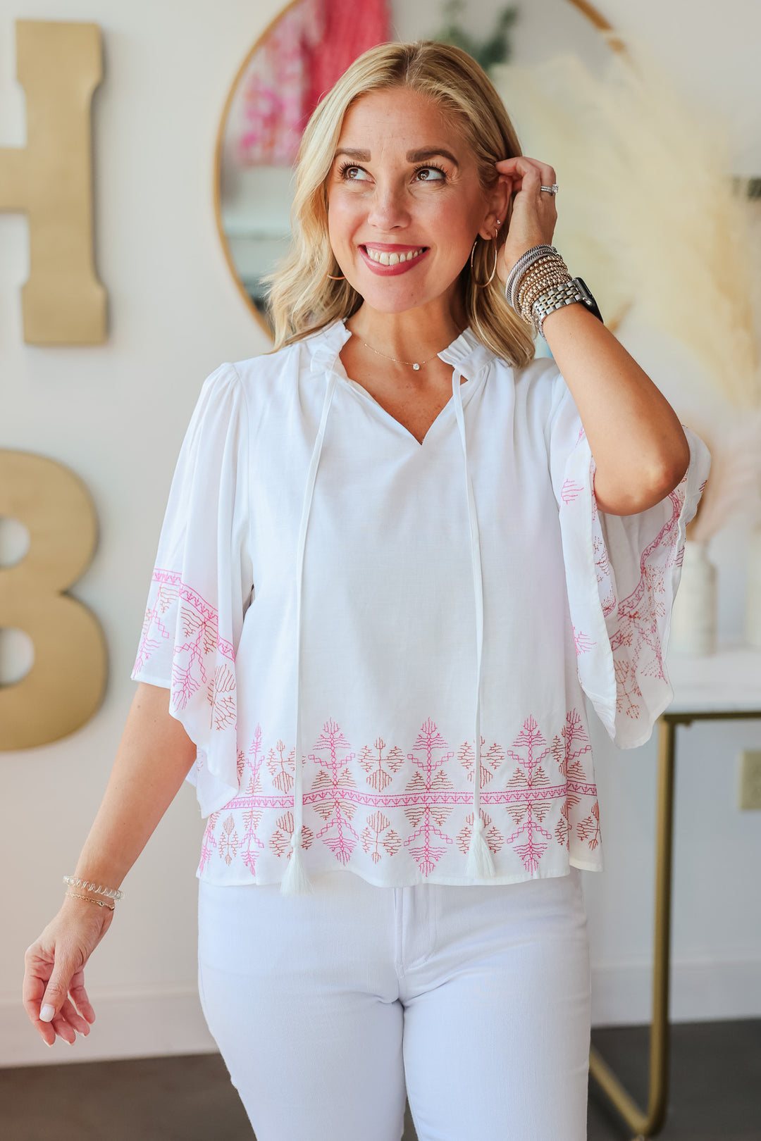 Embroidered Flutter Sleeve Top - White