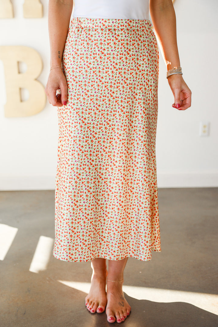 Floral Satin Midi Skirt - Sunkist