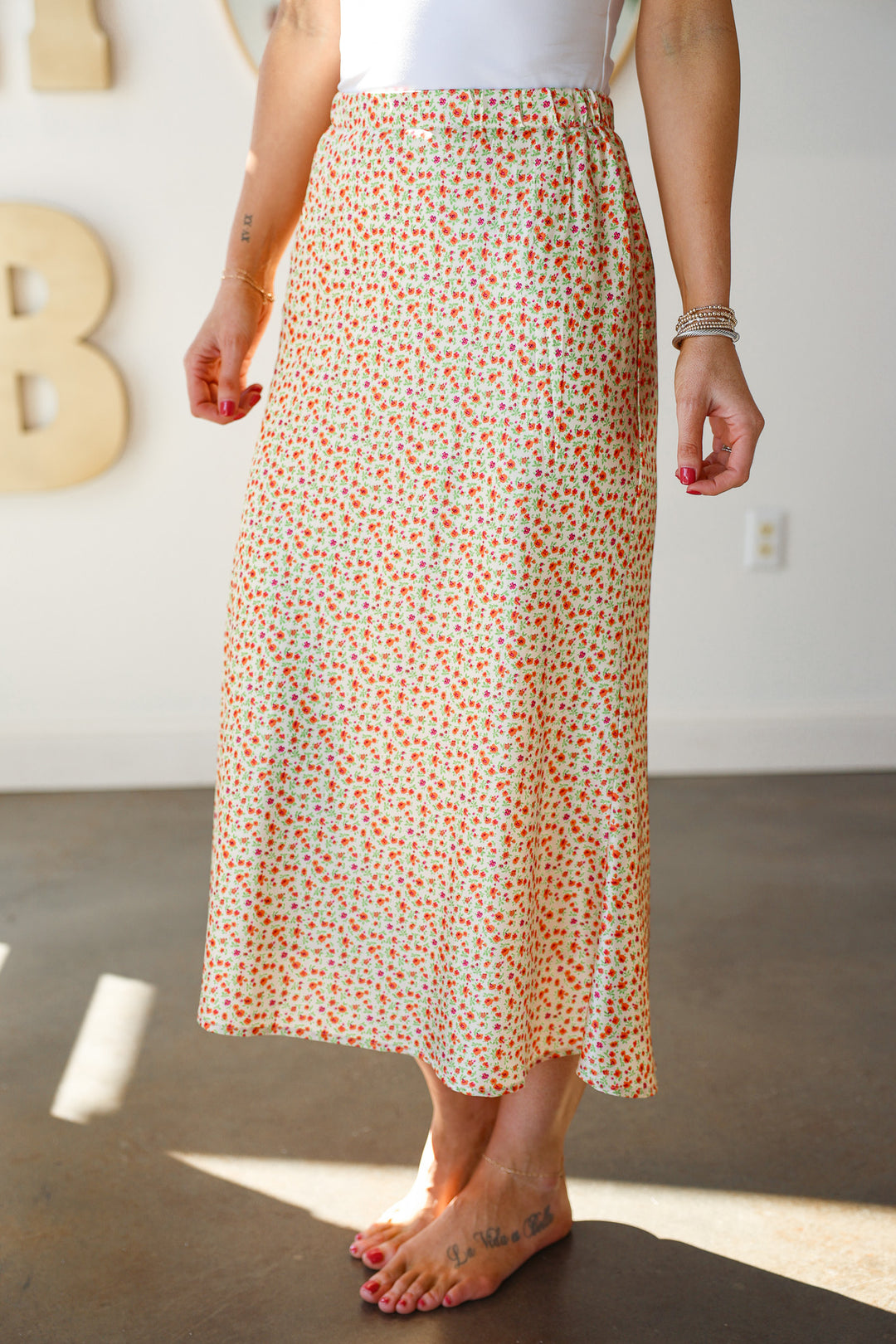 Floral Satin Midi Skirt - Sunkist