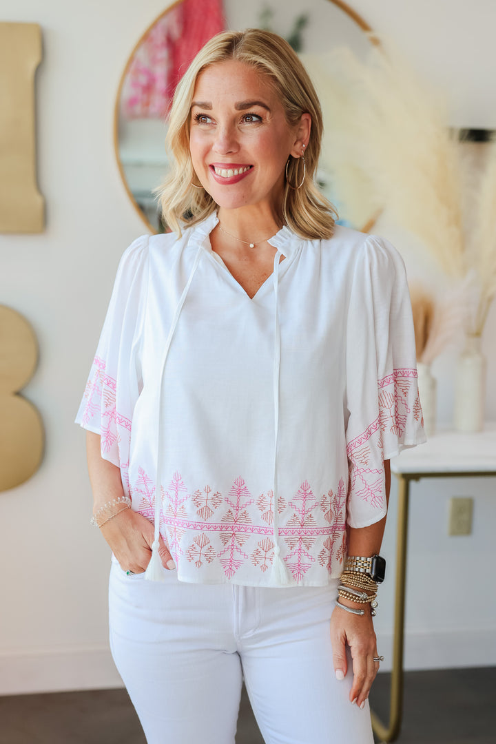 Embroidered Flutter Sleeve Top - White