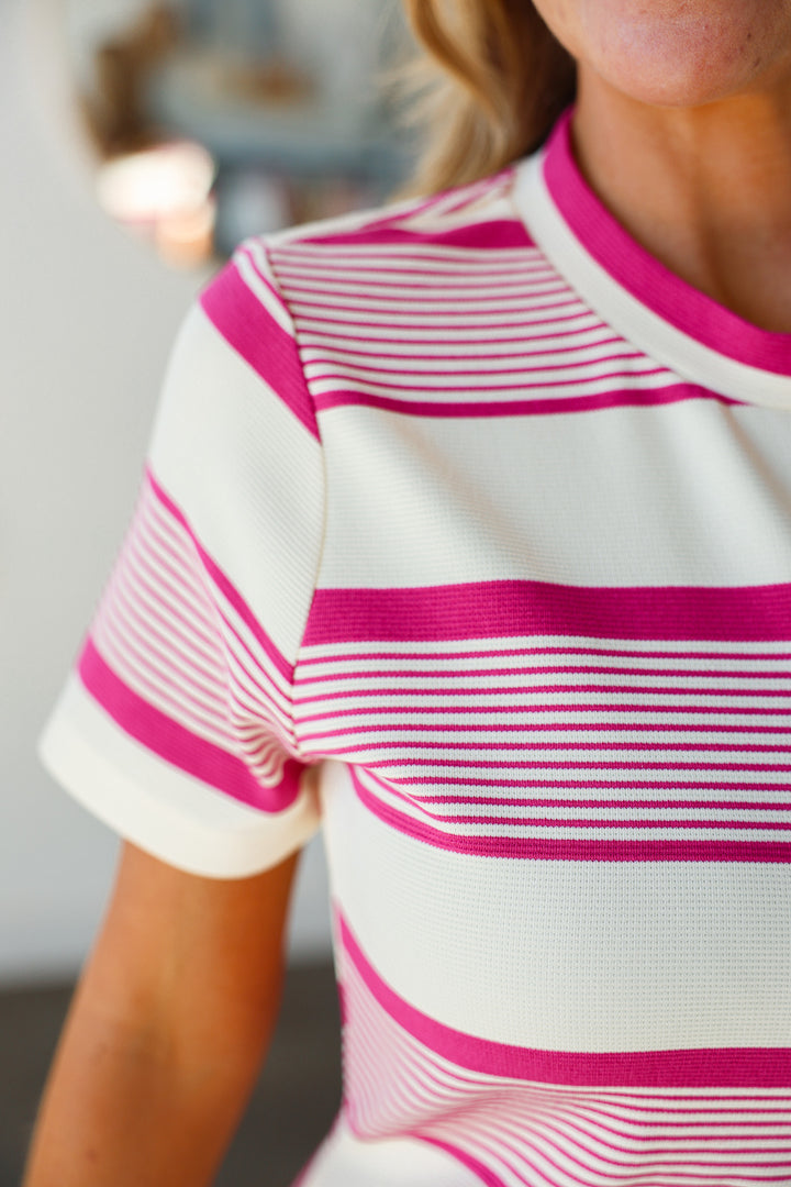 Striped Short Sleeve Dress - Plum