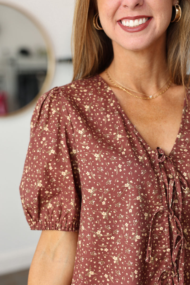 Bow Front Floral Blouse - Brown