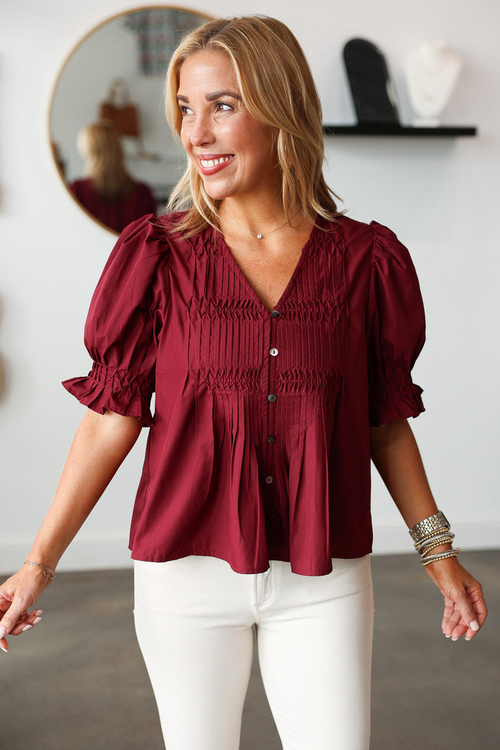 Button Front Pleated Top - Burgundy