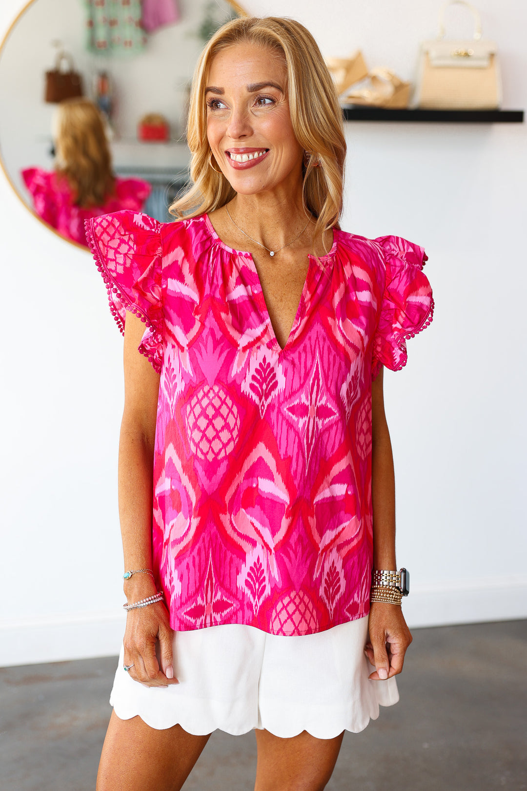 Flutter Sleeve Printed Top - Pink