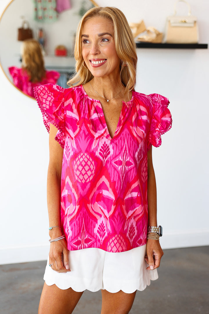 Flutter Sleeve Printed Top - Pink