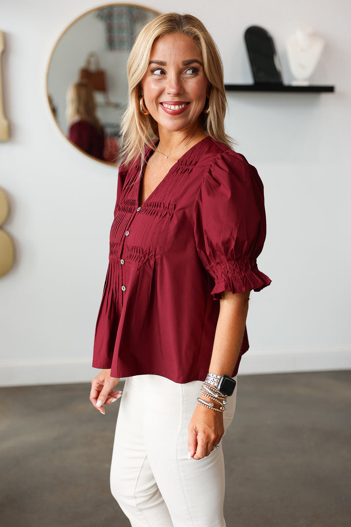Button Front Pleated Top - Burgundy