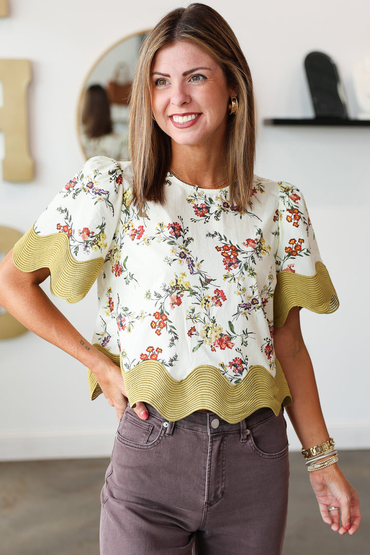Wave Trim Floral Blouse - Chartreuse