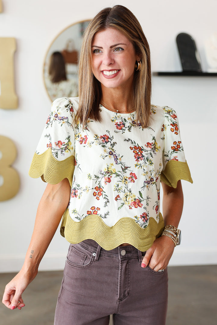 Wave Trim Floral Blouse - Chartreuse