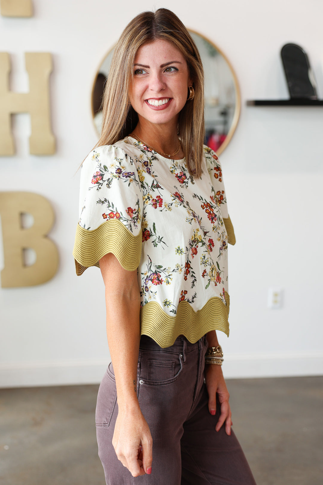 Wave Trim Floral Blouse - Chartreuse