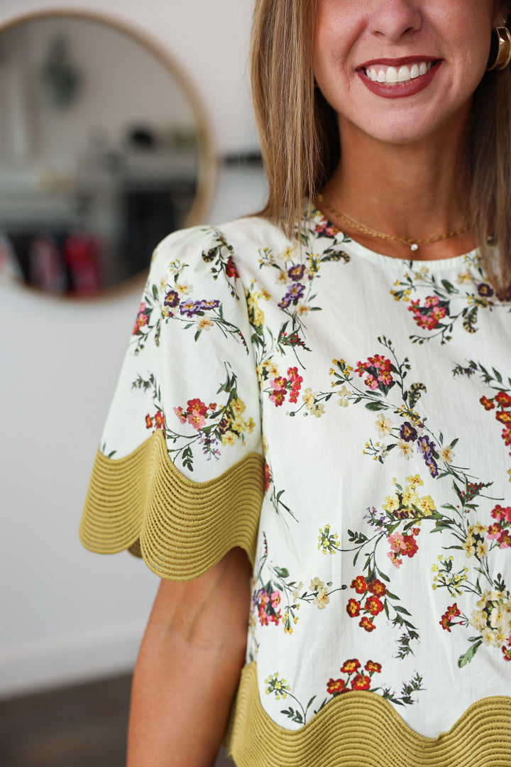 Wave Trim Floral Blouse - Chartreuse