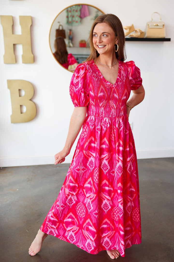 Smocked Body Abstract Dress - Pink