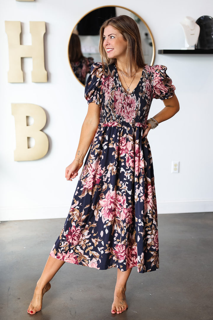 Smocked Floral Dress - Black