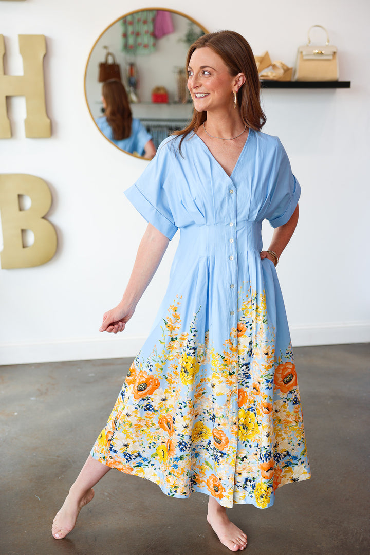 Floral Trim Button Front Dress - Blue