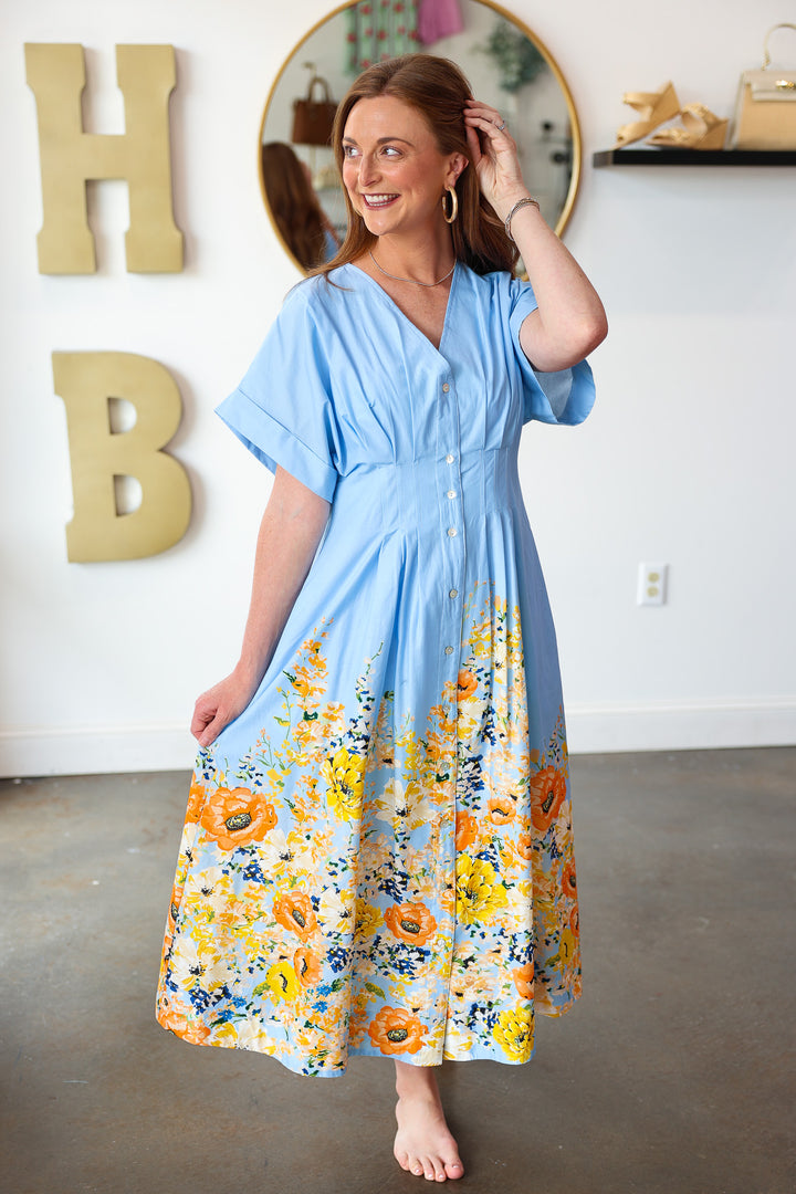Floral Trim Button Front Dress - Blue