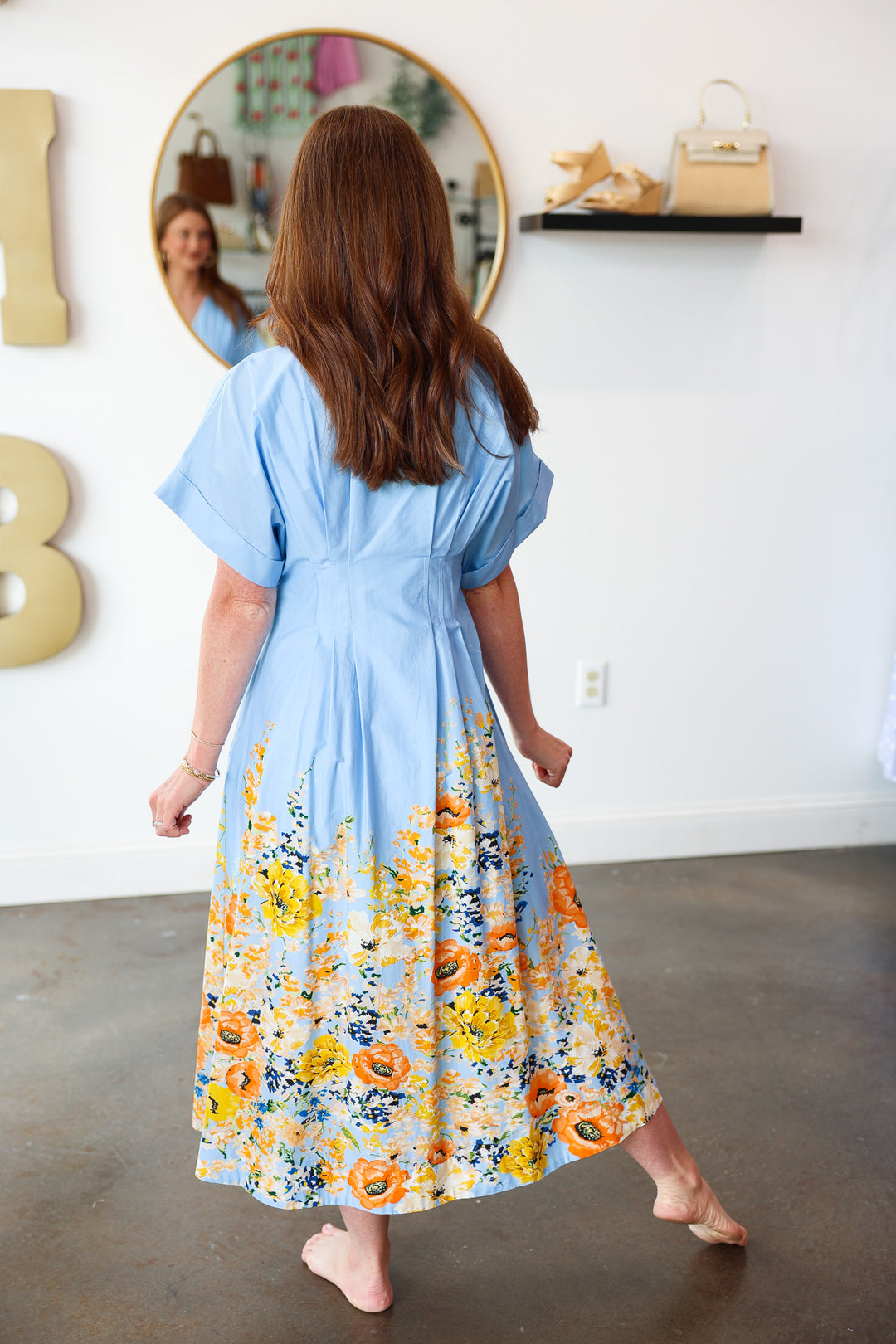 Floral Trim Button Front Dress - Blue