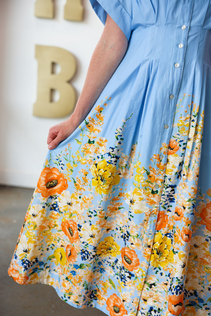 Floral Trim Button Front Dress - Blue