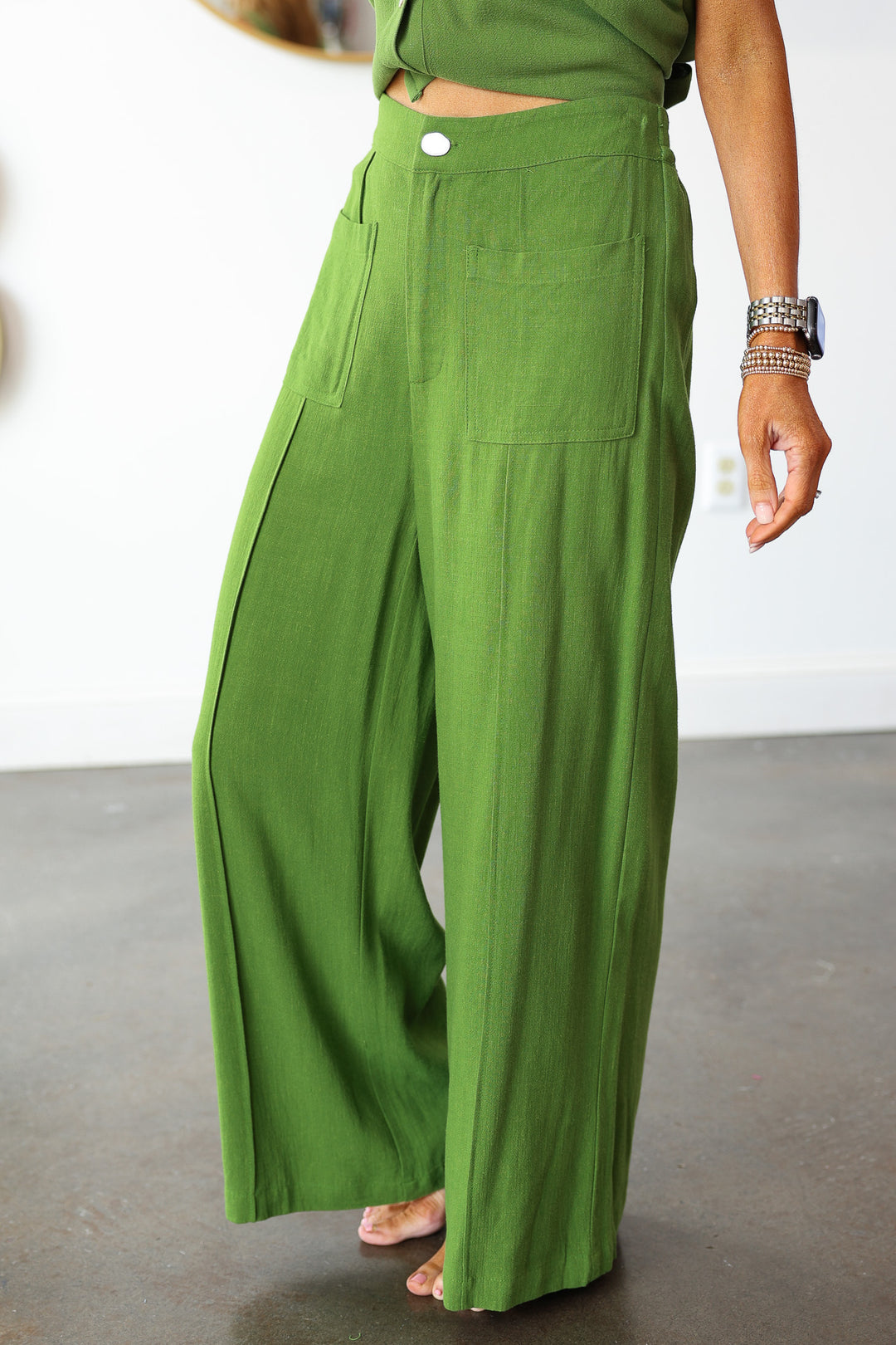 Linen Blend Wide Leg Pants - Green