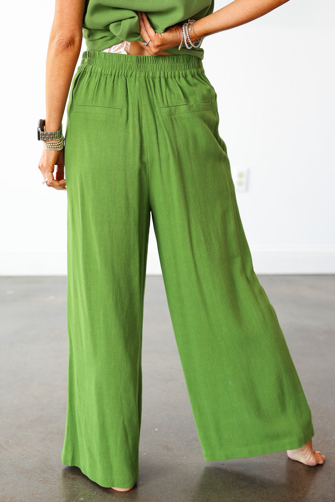 Linen Blend Wide Leg Pants - Green