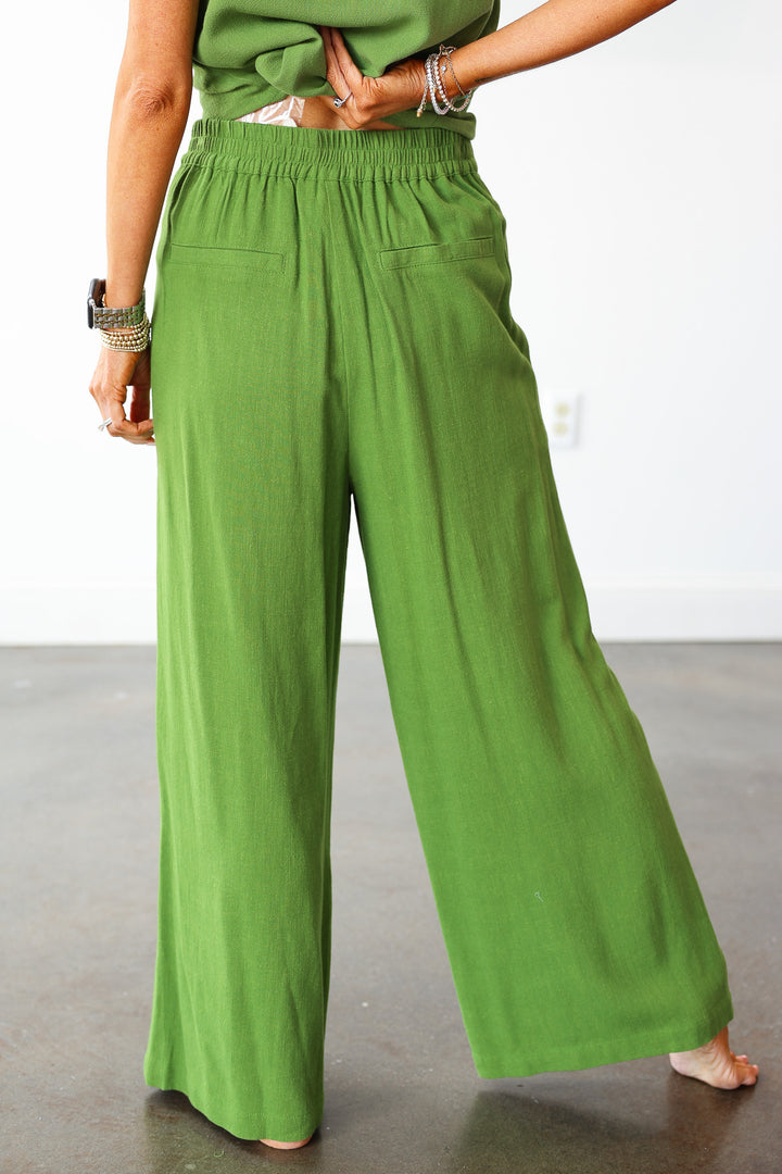 Linen Blend Wide Leg Pants - Green
